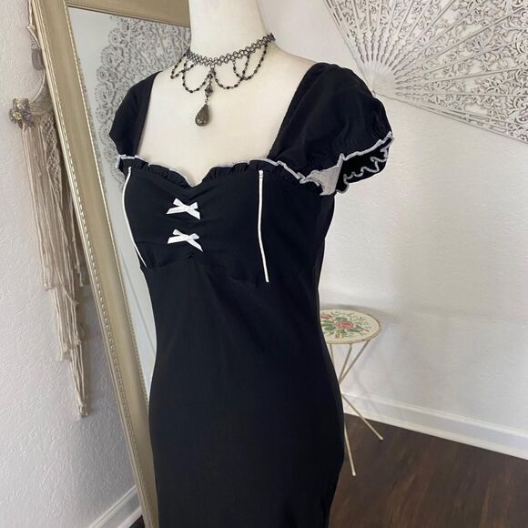 Vintage Gothic Whimsygoth Goth Black White Lolita Milkmaid Bow Midi Dress M - Picture 4 of 8